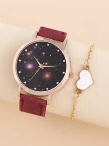 1pc Galaxy Print Quartz Watch & 1pc Bracelet - Burgundy - View 1