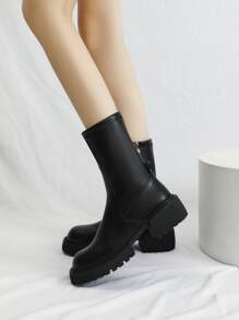 側拉鏈防水台粗跟馬丁靴 - 黑色 - 查看 4