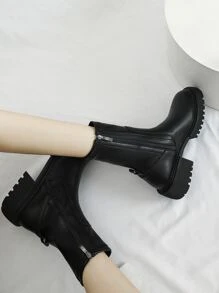 側拉鏈防水台粗跟馬丁靴 - 黑色 - 查看 5