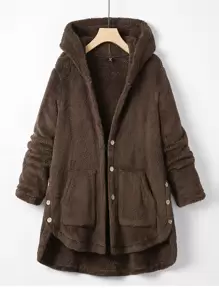 Mulvari Plus Button Front High Low Hem Hooded Flannel Coat - Chocolate Brown - View 1