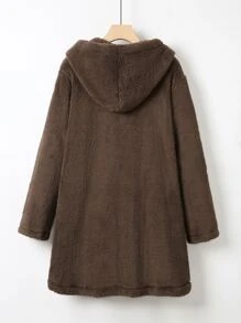 Mulvari Plus Button Front High Low Hem Hooded Flannel Coat - Chocolate Brown - View 2