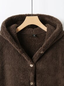 Mulvari Plus Button Front High Low Hem Hooded Flannel Coat - Chocolate Brown - View 4