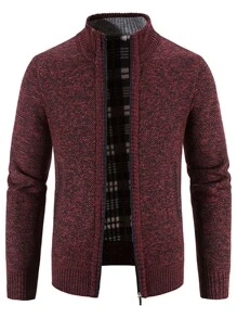 NITAGUT Men Contrast Plaid Lining Zip Up Jacket - Burgundy - View 1