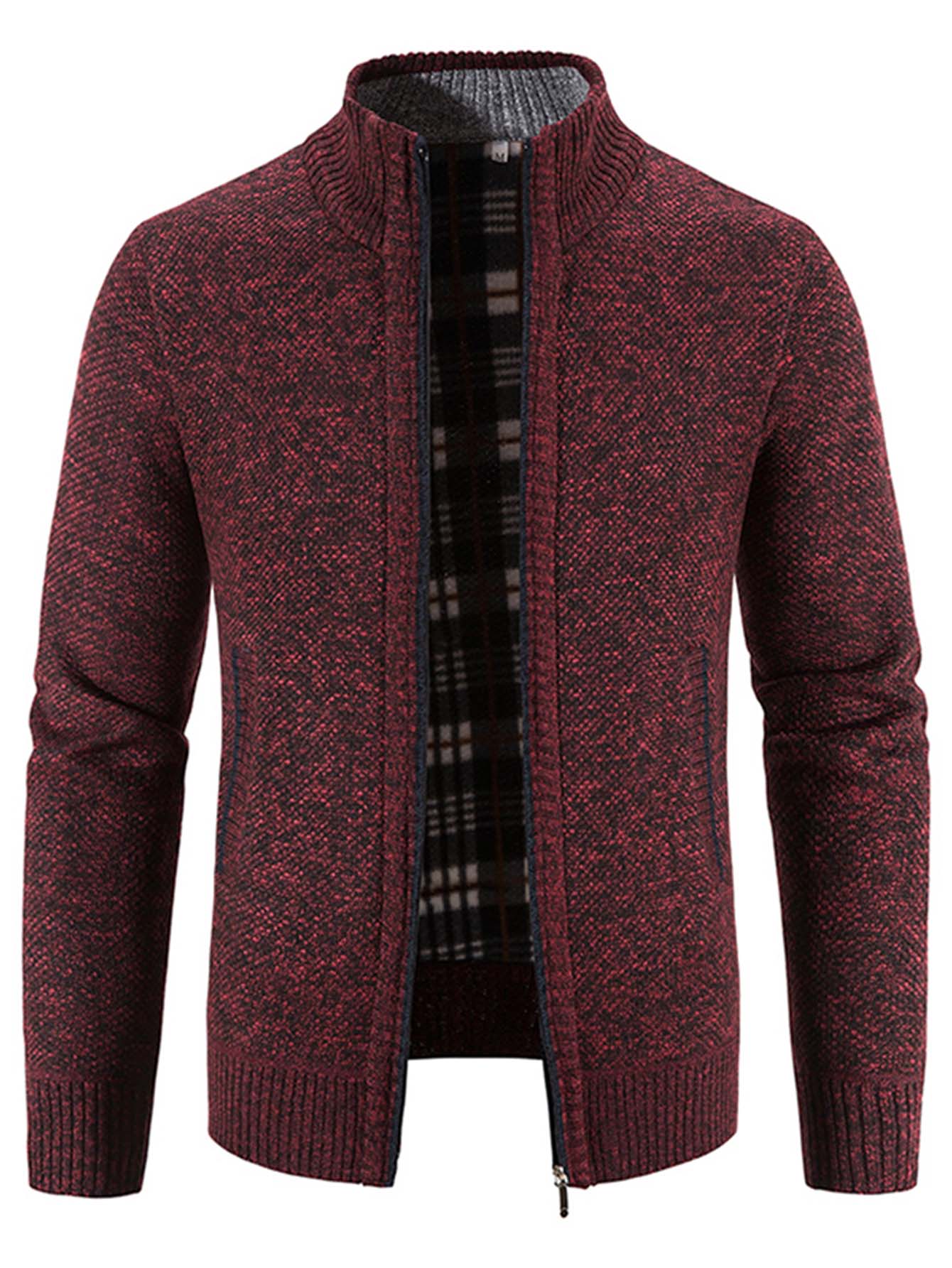 NITAGUT Men Contrast Plaid Lining Zip Up Jacket - Burgundy - View 1