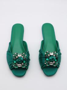 Women Rhinestone & Knot Decor Satin Slide Sandals, Glamorous Peep Toe Sandals - Green - View 2