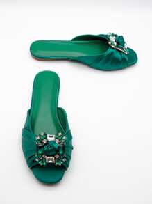 Women Rhinestone & Knot Decor Satin Slide Sandals, Glamorous Peep Toe Sandals - Green - View 3