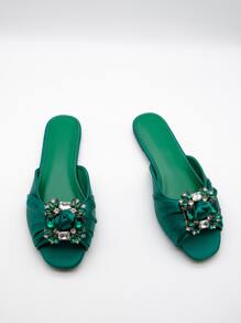 Women Rhinestone & Knot Decor Satin Slide Sandals, Glamorous Peep Toe Sandals - Green - View 4