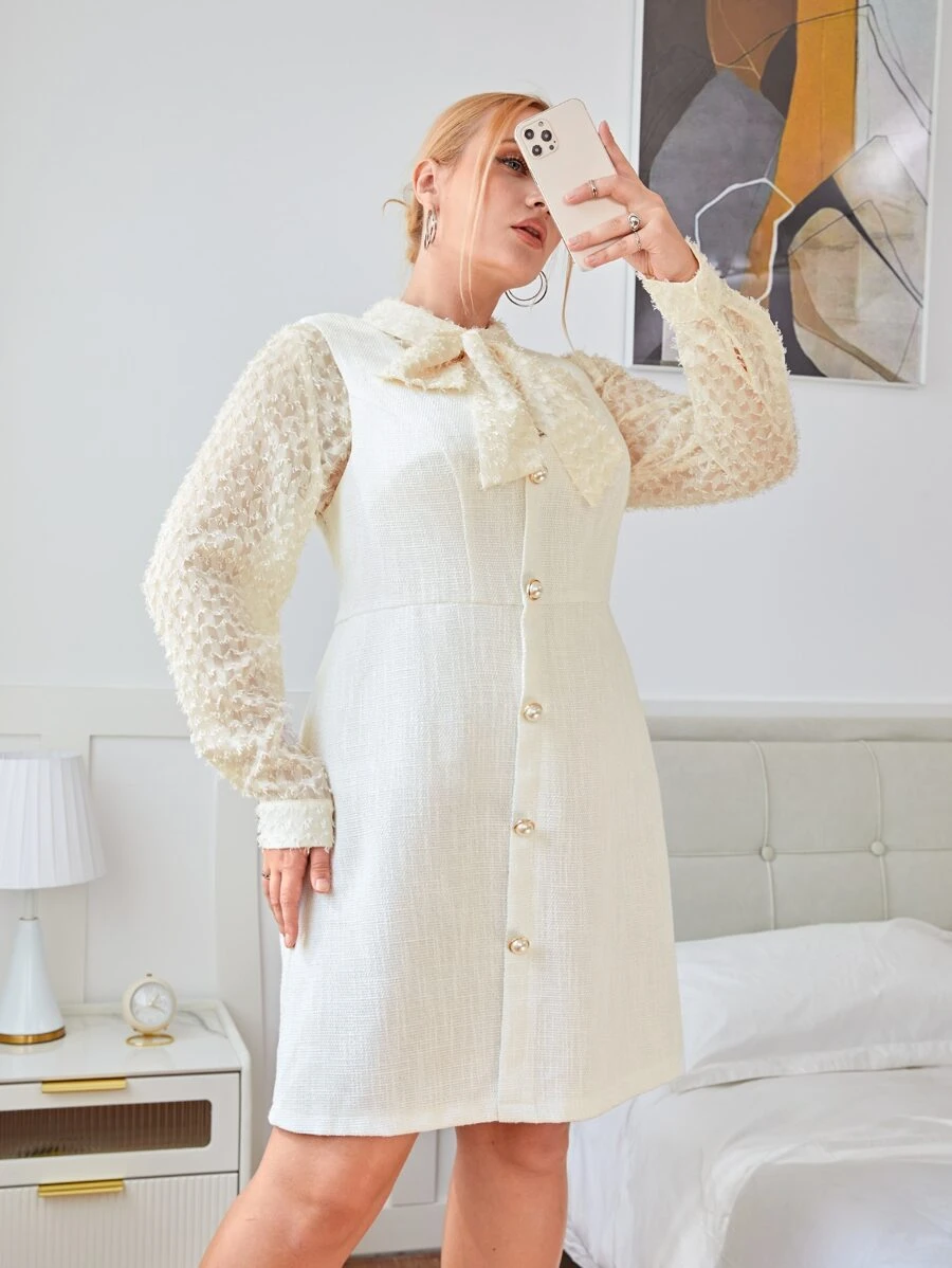 SHEIN Privé Plus Button Front Dress & Lantern Sleeve Blouse - Beige - View 1