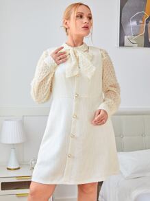 SHEIN Privé Plus Button Front Dress & Lantern Sleeve Blouse - Beige - View 4