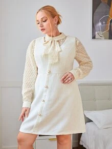 SHEIN Privé Plus Button Front Dress & Lantern Sleeve Blouse - Beige - View 5