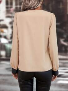 SHEIN Clasi 金屬圓環拉鍊泡泡袖襯衫 - 卡其色 - 查看 2