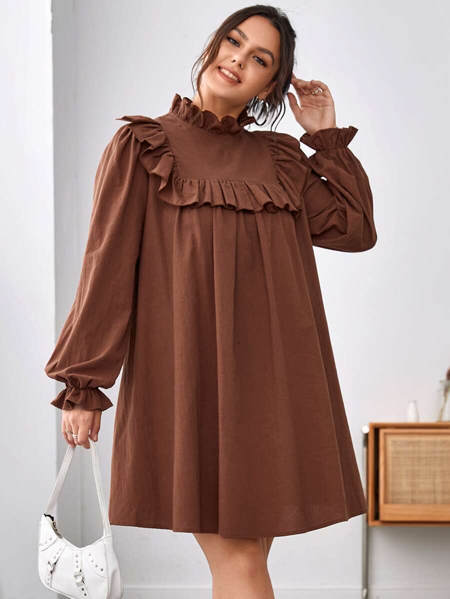 SHEIN Privé Vestido ribete con fruncido de manga con volante - Café integral - Ver 1