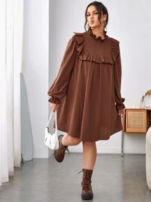 SHEIN Privé Vestido ribete con fruncido de manga con volante - Café integral - Ver 4