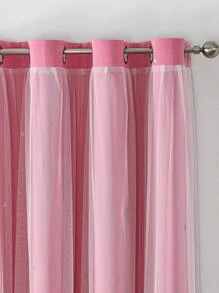 1入組星形中空聚酯帳簾，帶有蕾絲紗帷的遮光帳簾，女孩公主風格的雙層遮光帳簾 - 粉色 - 查看 5