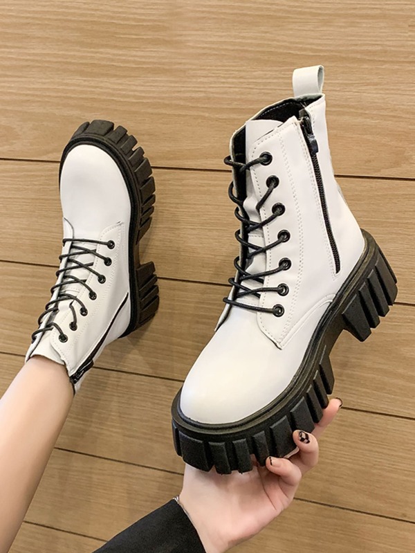 mulheres Botas de combate frente com cadarço zíper lateral moda moda branco