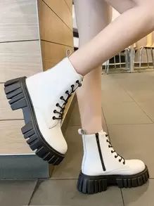 Femme À Lacets Zippé Bottes De Mode , Mode Blanc Bottes De Combat
