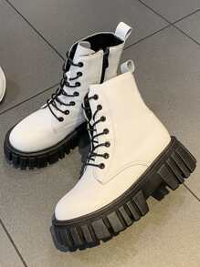 Femme À Lacets Zippé Bottes De Mode , Mode Blanc Bottes De Combat