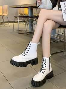 Femme À Lacets Zippé Bottes De Mode , Mode Blanc Bottes De Combat