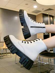 Femme À Lacets Zippé Bottes De Mode , Mode Blanc Bottes De Combat