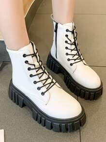 Femme À Lacets Zippé Bottes De Mode , Mode Blanc Bottes De Combat