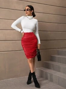 SHEIN BAE Falda ajustada unicolor fruncido - Rojo - Ver 3