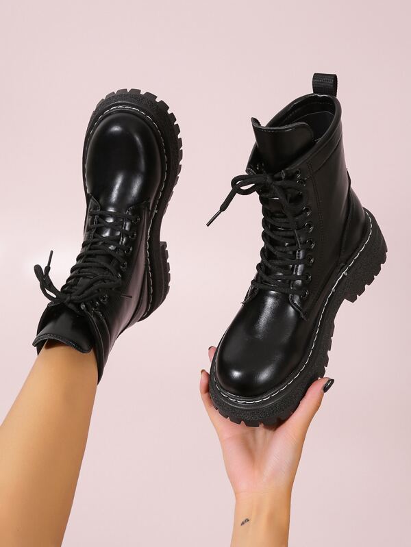 Laceup Front Combat Boots, Women's Motorcycle Boots Flat Heel Black