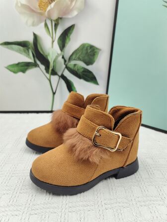 女孩仿麂皮扣飾和毛茸茸裝飾側拉鏈靴子