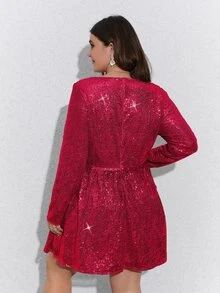 Double Crazy 大碼V領亮片連衣裙 - 玫紅色 - 查看 2