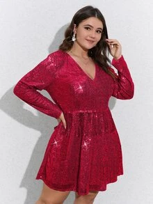 Double Crazy 大碼V領亮片連衣裙 - 玫紅色 - 查看 7