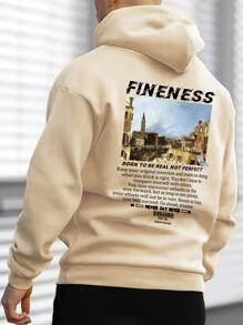 Manfinity Men Slogan & Picture Print Kangaroo Pocket Drawstring Thermal Hoodie - Apricot - View 1