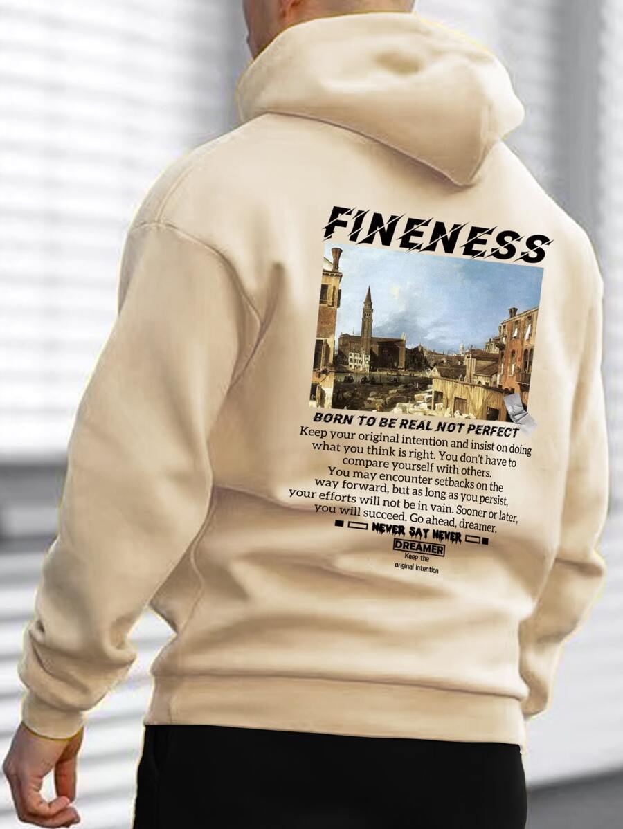 Manfinity Men Slogan & Picture Print Kangaroo Pocket Drawstring Thermal Hoodie - Apricot - View 1