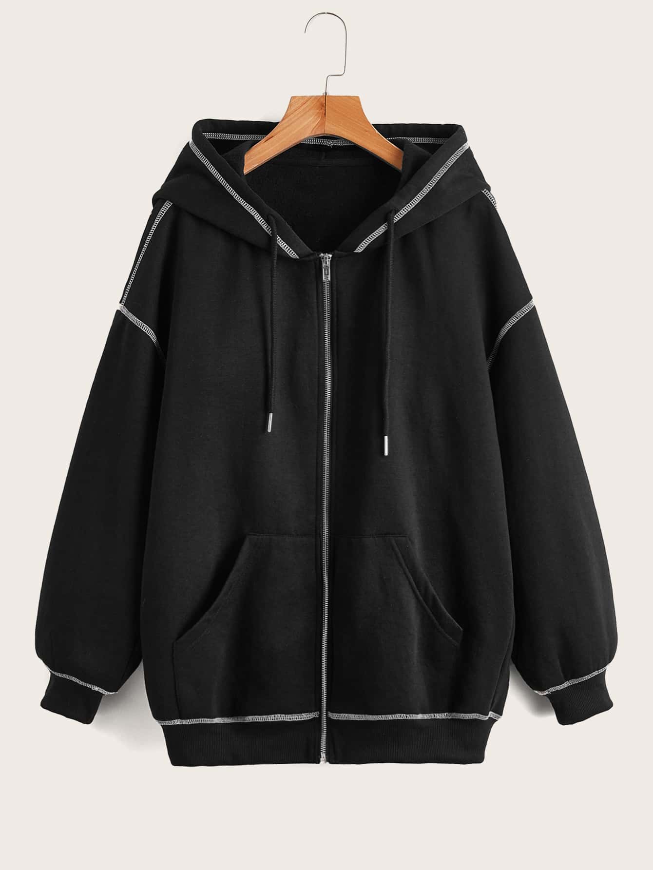 SHEIN EZwear ドロップショルダー コントラストステッチ ジップアップ SHEIN EZwear プラス トップステッチ ドロップショルダー