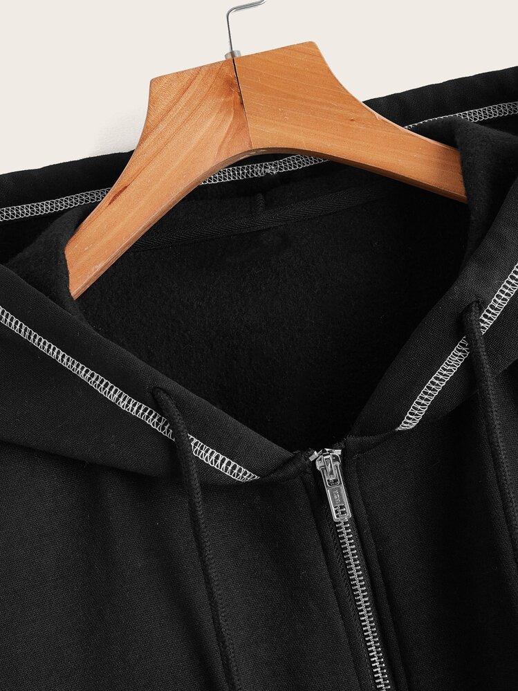 SHEIN EZwear Plus Size Top-Stitching Drop Shoulder Zip Up Drawstring Sweatshirt Winter Fall Autumn - Black - View 3