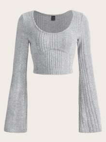 SHEIN EZwear Scoop Neck Bell Sleeve Crop Tee - Light Grey - View 1