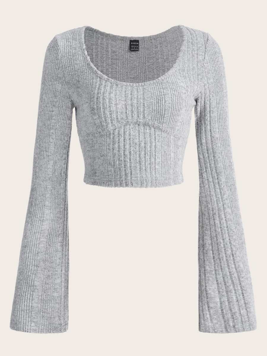 SHEIN EZwear Scoop Neck Bell Sleeve Crop Tee - Light Grey - View 1