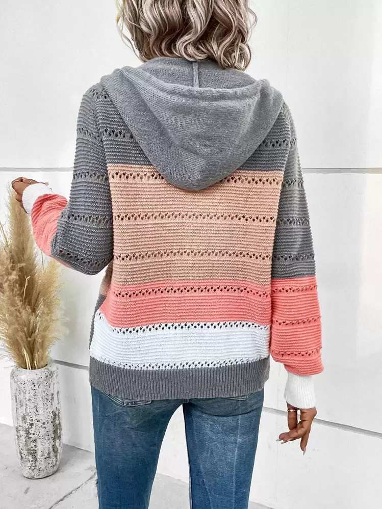 EMERY ROSE Cardigan con cappuccio a cordoncino, a maglia traforata a blocchi di colore, con maniche lunghe - Rosa corallo - Visualizzare 2