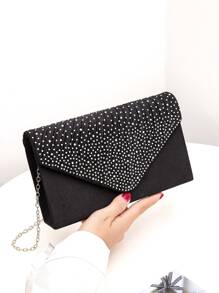 Diamond-decorated Envelope Clutch With Fold-over Flap For Evening Party - Black - View 1