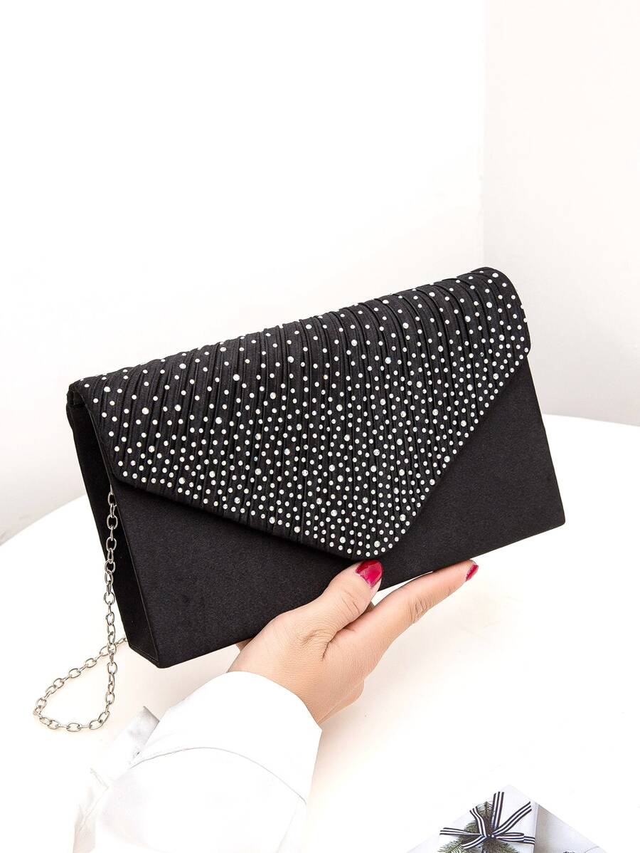 Diamond-decorated Envelope Clutch With Fold-over Flap For Evening Party - Black - View 1
