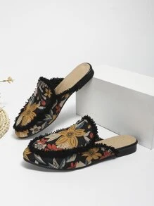 Floral Allover Print Raw Trim Faux Suede Flat Mules - Multicolor - View 1