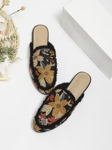 Floral Allover Print Raw Trim Faux Suede Flat Mules - Multicolor - View 4