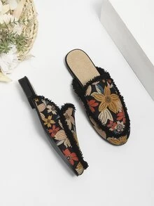 Floral Allover Print Raw Trim Faux Suede Flat Mules - Multicolor - View 5