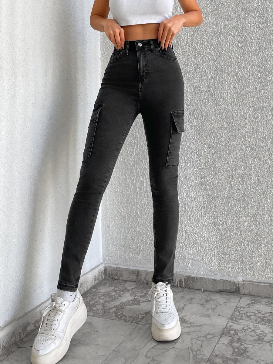 EURMUSE Zip Fly Flap Pocket Skinny Jeans - Dark Grey - View 1