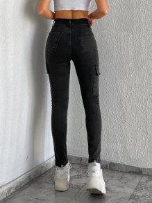 EURMUSE Zip Fly Flap Pocket Skinny Jeans - Dark Grey - View 2