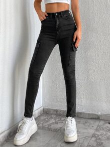 EURMUSE Zip Fly Flap Pocket Skinny Jeans - Dark Grey - View 5