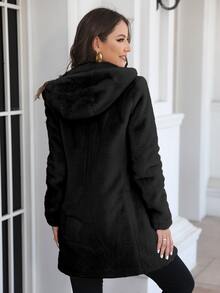 RELISH NOLESS Áo khoác nữ dáng rộng, đa năng, có mũ trùm đầu bằng lông giả, màu đen mùa đông. - màu đen - Xem 2