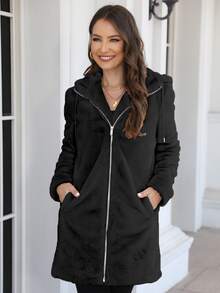 RELISH NOLESS Áo khoác nữ dáng rộng, đa năng, có mũ trùm đầu bằng lông giả, màu đen mùa đông. - màu đen - Xem 3