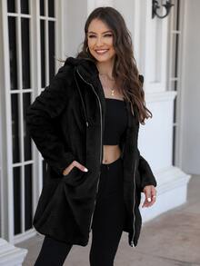 RELISH NOLESS Áo khoác nữ dáng rộng, đa năng, có mũ trùm đầu bằng lông giả, màu đen mùa đông. - màu đen - Xem 5