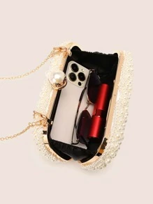 迷人、优雅、精致、安静的奢华亮片、时尚、奢华、闪亮迷你人造珍珠装饰链条盒包、完美的新娘钱包，适合婚礼、舞会和派对活动晚宴包、派对女孩、女士的晚宴包、迷人的水钻包 - 杏色 - 查看 3