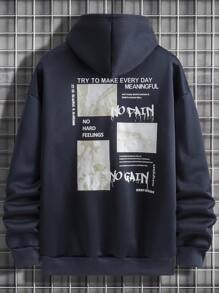 Manfinity Homme Sudadera Holgada De Hombre Con Capucha, Cordón Y Gráficos Con Consignas - Azul Marino - Ver 1