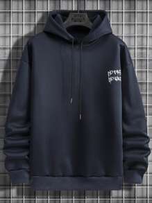 Manfinity Homme Sudadera Holgada De Hombre Con Capucha, Cordón Y Gráficos Con Consignas - Azul Marino - Ver 2